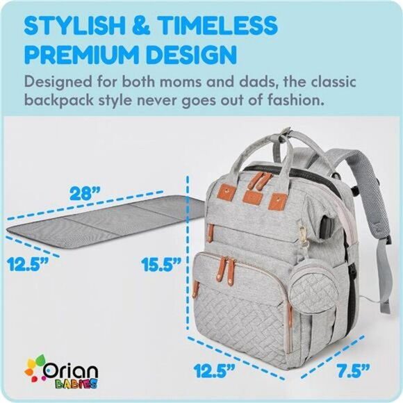Waterproof Diaper Bag Backpack with Changing Station USB Stroller Straps - Picture 2 of 7